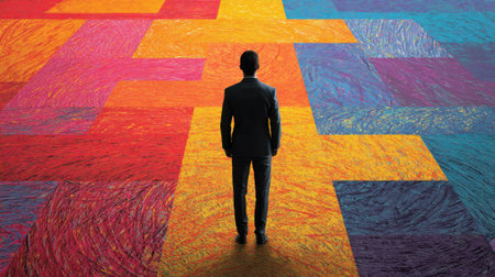 A person in a suit stands on a large, colorful abstract art surface, reflecting on creativity and life decisions. The vivid colors create a striking contrast against their formal attire.の素材