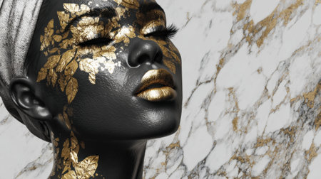 A model poses with stunning gold leaf body art showing detailed floral designs on her dark skin. The backdrop features elegant marble, enhancing the artistic expression during the shoot.の素材