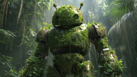 An enormous robot, enveloped in vibrant greenery, towers in a lush jungle. Sunlight filters through tall trees, creating a mystical atmosphere that blends technology with natures beauty.の素材