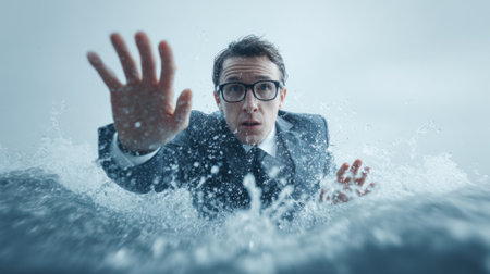 A businessman in a suit experiences panic as he flails in choppy water. Waves crash around him, illustrating the danger he's in on a stormy day.の素材