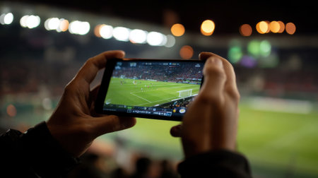 Fans in a brightly lit stadium capture the excitement of a live soccer match through their smartphones. The atmosphere is electric, showcasing intense moments of play and cheer.の素材
