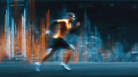 An athlete sprints forward with exceptional speed in a vibrant city sports arena, illuminated by colorful lights and showing energy and movement in the twilight.の素材