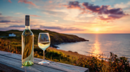 People relax by the shore as the sun sets, creating a beautiful backdrop. A bottle of white wine and a glass sit on a rustic wooden table, inviting tranquility and enjoyment.の素材