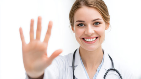 A friendly healthcare professional engages warmly with a smile, inviting patients into her bright clinic. The open hand gesture signifies welcome and care during consultations.の素材