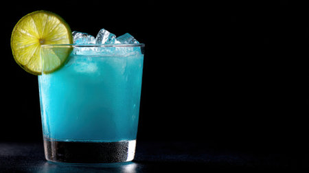 A vibrant blue cocktail filled with ice cubes is presented in a clear glass. A fresh lime slice rests on the rim, showing its vivid color against a dark background.の素材