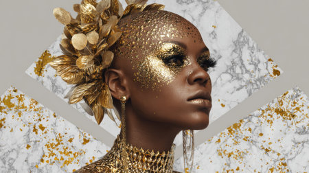 A model with a bald head displays striking gold makeup and elaborate accessories, featuring metallic elements, while posing gracefully against a marble background full of texture.の素材