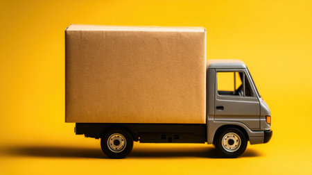 A delivery truck carries a large cardboard box against a vibrant yellow background. This setting emphasizes the concepts of logistics, transport, and packaging in a creative manner.の素材