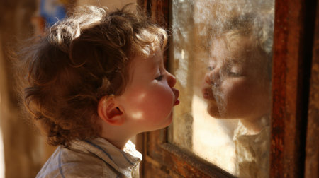 A joyful child leans against a weathered window, playfully kissing the glass and observing their own reflection. The warm sunlight creates a cozy, nostalgic atmosphere.の素材