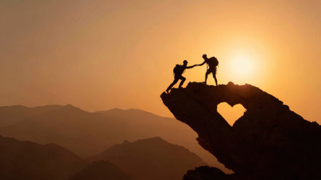 Two climbers work together on a rocky peak, one helping the other as the sun sets in the background. The mountains create a dramatic silhouette against the glowing sky.の素材