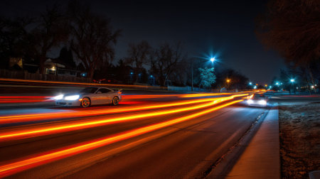 Cars drive along a city street at night, creating bright light trails against a dark backdrop. The trees lining the road are bare, typical of winter, enhancing the atmosphere.の素材