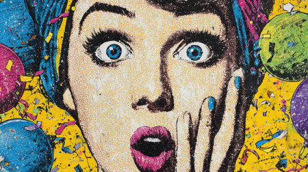 A woman with striking blue eyes and red lips expresses surprise, her hand on her face. Colorful circles and confetti create a lively backdrop, enhancing the joyful mood of the artwork.の素材