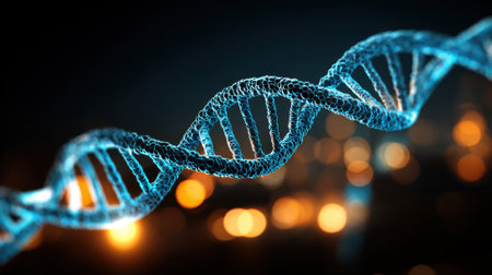 A detailed depiction of a double helix DNA strand, vividly illuminated in blue, set against a backdrop of soft, blurred lights. The design emphasizes the intricacies of genetic structures.の素材