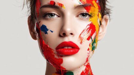 A young woman showcases vibrant face paint in bold hues during an artistic session at a studio. The colorful designs contrast striking her features, highlighting her creativity.の素材