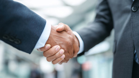 Two business professionals are shaking hands in a bright, contemporary office space. This interaction signifies a successful agreement or partnership between them.の素材