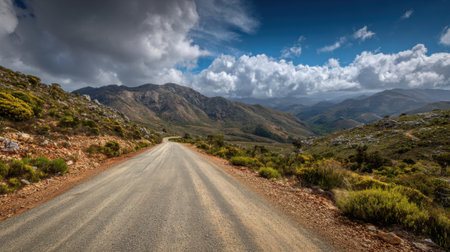 A winding dirt road traverses a mountainous region, surrounded by lush greenery and vibrant vegetation against a backdrop of dynamic clouds. The sky adds depth to the landscape.の素材