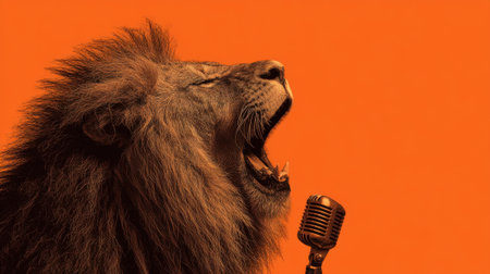 A powerful lion passionately roars into a vintage microphone featuring a striking orange background. This artistic portrayal captures the strength and majesty of the king of the jungle.の素材
