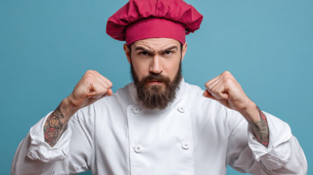 A focused chef in a white uniform and a pink hat shows intensity with clenched fists. He is ready for a culinary challenge in a vibrant kitchen environment.の素材