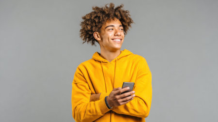 A cheerful young man stands confidently with arms crossed, holding a smartphone. He sports a stylish yellow hoodie and has lively curly hair, radiating positive energy.の素材