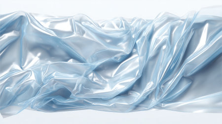 Translucent blue plastic fabric flows in soft waves, forming a visually interesting texture. The smooth surface reflects light, enhancing the serene atmosphere in a minimalistic space.の素材