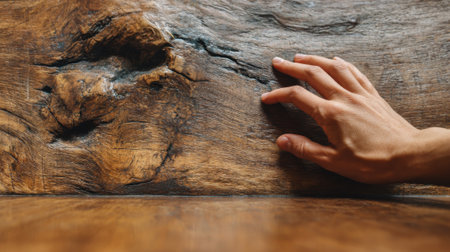 A hand is softly touching a richly textured piece of wood, revealing intricate patterns and grains, in a warm ambient indoor space. The lighting highlights the beauty of the natural material.の素材
