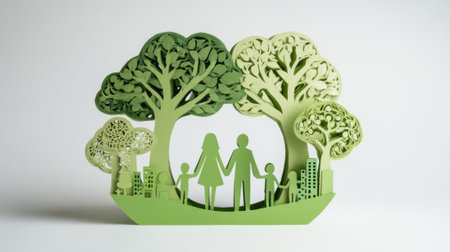 Artistic paper cutout displays a family standing together amidst lush green trees. This vibrant design symbolizes harmony with nature and togetherness, crafted with care in a serene setting.の素材