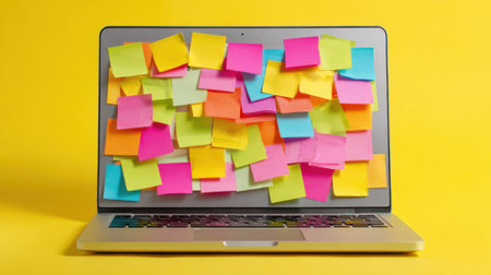 A laptop is covered with a multitude of colorful sticky notes in various sizes and hues. The bright yellow background enhances the vibrant display, showing creativity and organization.の素材