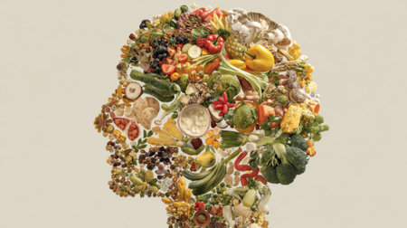 Colorful fruits and vegetables form the silhouette of a human head, symbolizing the connection between nutrition and mental well-being.の素材