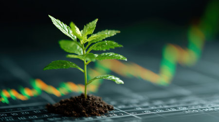 A small green plant emerges from rich soil, set against a background of upward-trending financial graphs, symbolizing sustainable investment and ecological growth.の素材