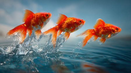 Three vibrant goldfish are caught midair as they jump out of clear blue water on a sunny day. Their shimmering scales glisten in the sunlight, creating a lively scene.の素材