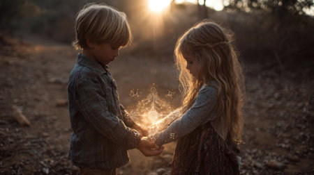 In a tranquil forest, two children stand close, hands clasped together, as soft sunlight shines through the trees, illuminating a sense of wonder and connection between them.の素材