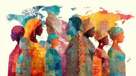 This artistic portrayal features an array of women from diverse cultures, illuminated by vibrant colors, symbolizing unity and resilience across different backgrounds and regions of the globe.の素材