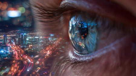 An eye captures the dazzling reflection of a city skyline at night. Bright lights illuminate the urban landscape, creating a dynamic atmosphere filled with life and energy.の素材