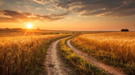 A stunning sunset casts warm hues over a winding dirt path through vast golden fields. The tranquil moment captures the beauty of nature at dusk, inviting serenity and reflection.の素材