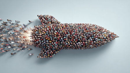 A large group of people stands together, arranged in the shape of a rocket, suggesting a launch in a clear, minimalist environment that emphasizes unity and ambition.の素材