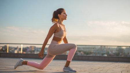A dedicated athlete engages in a lunging exercise on a peaceful rooftop terrace. The warm sunset light enhances the tranquil atmosphere while emphasizing her focused performance.の素材