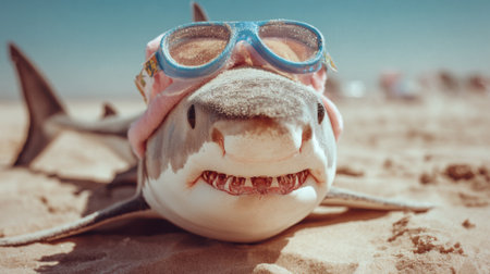 A shark relaxes on the sandy beach, sporting a cute pink hat and blue goggles. The ocean waves can be seen in the background under the bright sun.の素材