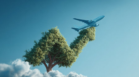 A striking visual captures an airplane rising from a vibrant green tree, embodying the seamless blend of nature and aviation against a clear blue sky. The scene evokes inspiration and connection.の素材