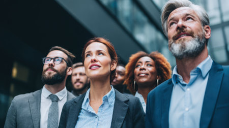 A group of diverse business individuals stands together in a contemporary urban area, looking up with expressions of determination and inspiration.の素材