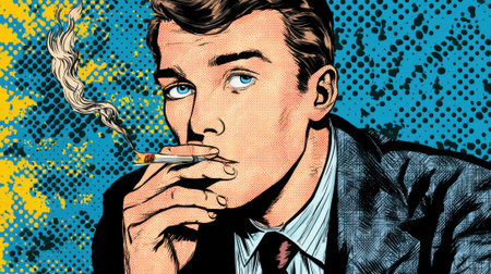 A young man in a well-fitted suit holds a cigarette, exhaling smoke while looking contemplative. The vibrant pop art background enhances the modern artistic feel of the setting.の素材
