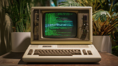 An old-fashioned computer with a green display shows lines of code while sitting on a wooden table surrounded by potted plants in a cozy room.の素材