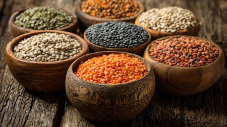 A collection of diverse seeds in wooden bowls rests on a textured wooden surface. The warm natural light accentuates the different colors and textures of the seeds.の素材