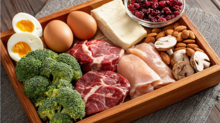 A wooden tray displays a variety of fresh ingredients, including broccoli, chicken, beef, eggs, cheese, nuts, and dried fruits, ready for meal preparation.の素材