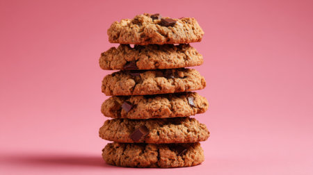 A tower of five perfectly baked chocolate chip cookies is artfully arranged, showcasing their golden brown color and decadent chocolate chunks, set against a playful pink background.の素材