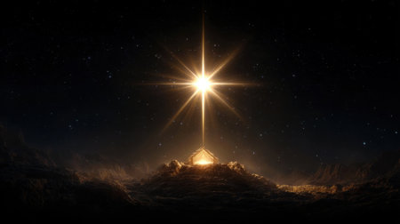 A radiant star shines above a mountain peak, casting a warm glow over the rocky terrain while a multitude of stars twinkle in the dark night sky, creating a tranquil atmosphere.の素材