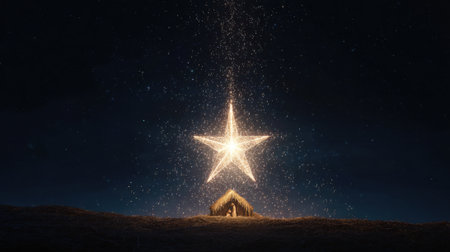 A luminous star shines brightly above a simple nativity scene, illuminating the figures below in a serene winter night. The atmosphere evokes feelings of peace and reverence.の素材