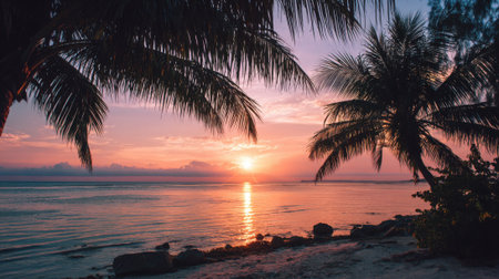 At the edge of a serene beach, palm trees frame a breathtaking sunset as vibrant colors dance across the sky. Soft waves lap the shore in a peaceful evening atmosphere.の素材