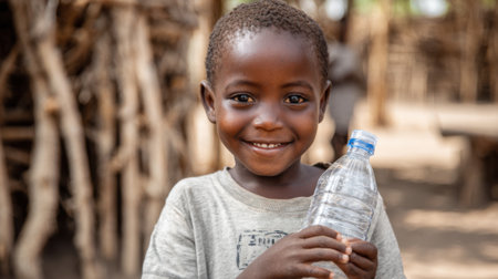 A joyful young boy stands in a rural village, beaming with happiness as he holds up a water bottle. The background features wooden structures typical of local architecture.の素材