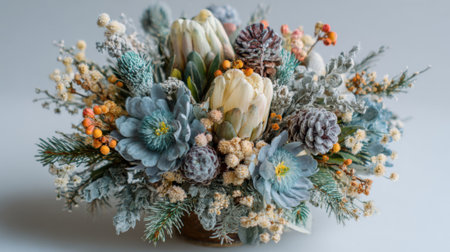 This winter floral arrangement showcases a variety of colorful flowers, pinecones, and greenery nestled together in a harmonious design. Perfect for seasonal decoration.の素材