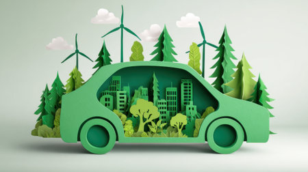 A striking green car model displays a harmonious blend of urban and natural elements, featuring tall buildings alongside vibrant trees and wind turbines, symbolizing sustainability.の素材