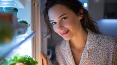 A woman in light pajamas stands by an open refrigerator observing fresh vegetables and snacks. She has a relaxed smile, enjoying a quiet night at home.の素材